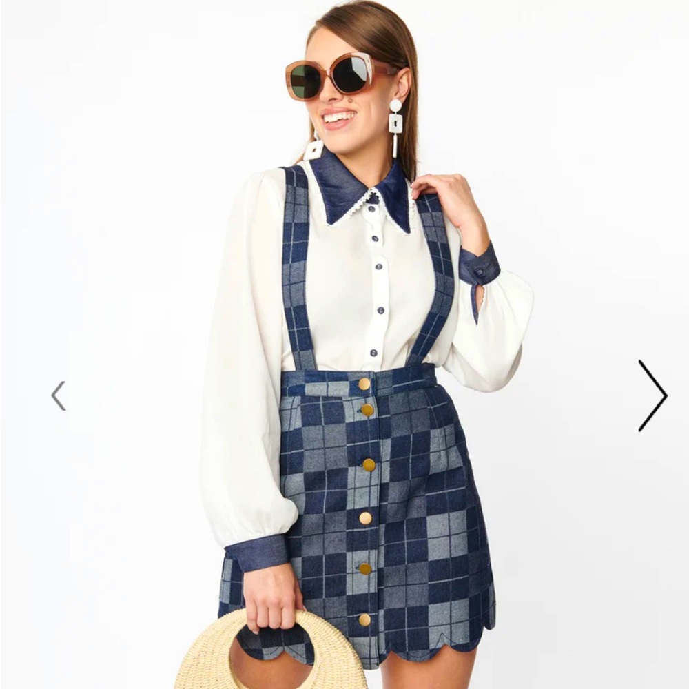 Plaid Suspender Mini Skirt - Navy Check